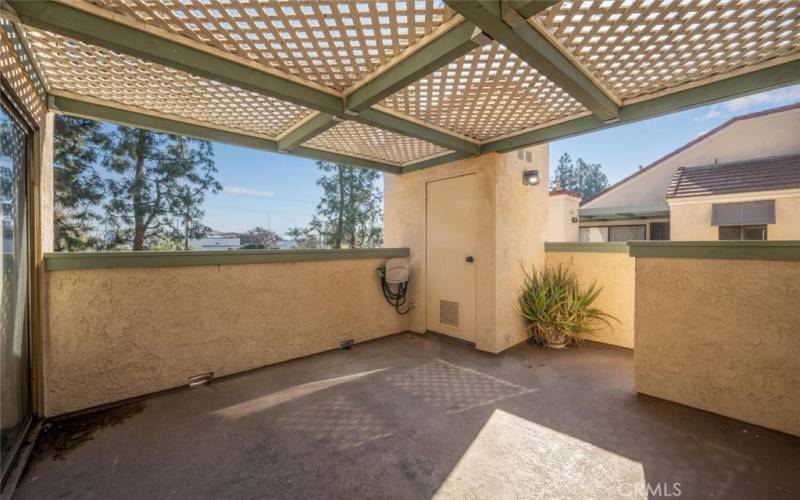 Large patio accessible from the living room or kitchen, No one above or below you. The property sits above garages