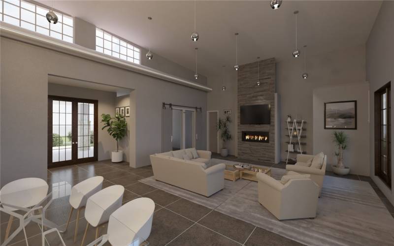 Architectural Rendering of the Open Floor Plan from the Kitchen to the Living Room