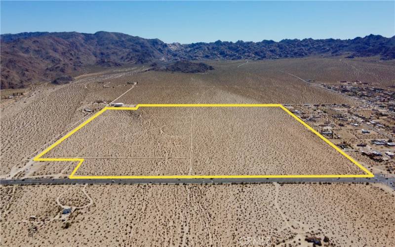 From 29 Palms Hwy looking South into Joshua Tree National Park, Shoshone Valley Rd on Left, Lear Rd on the right and Sullivan Rd at the Top